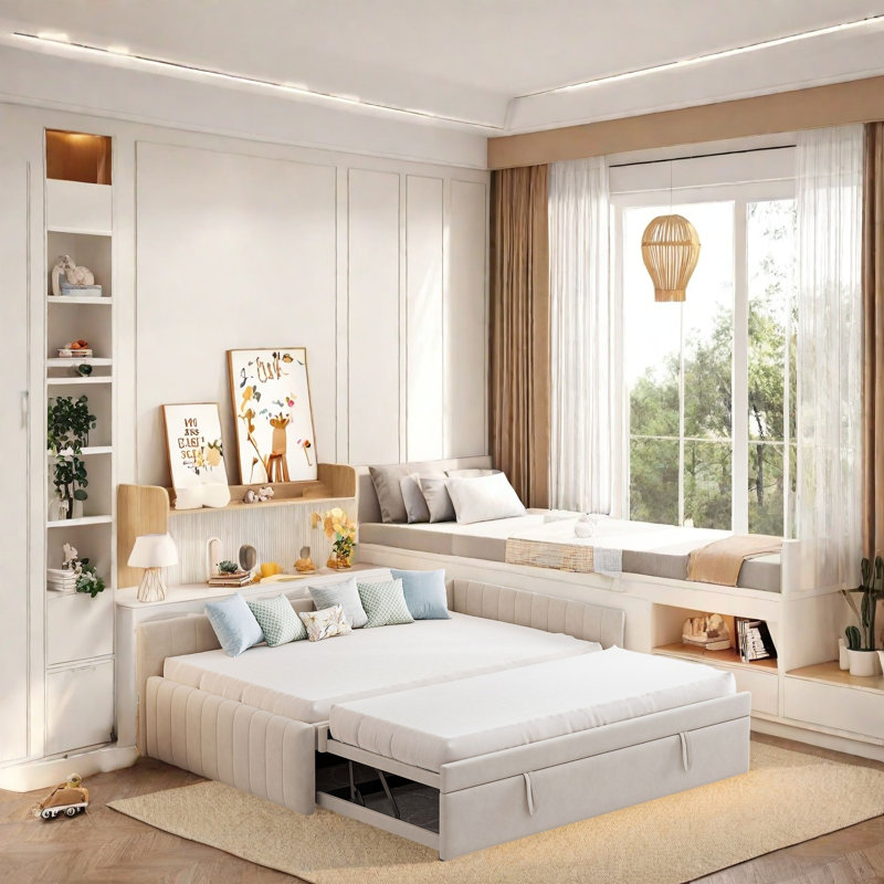 Lit de jour rembourré avec lit gigogne simple coulissant, lit double avec dossier rembourré en forme de L, aucun sommier tapissier requis, conception à rayures verticales modernes, lit peu encombrant pour la chambre à coucher
