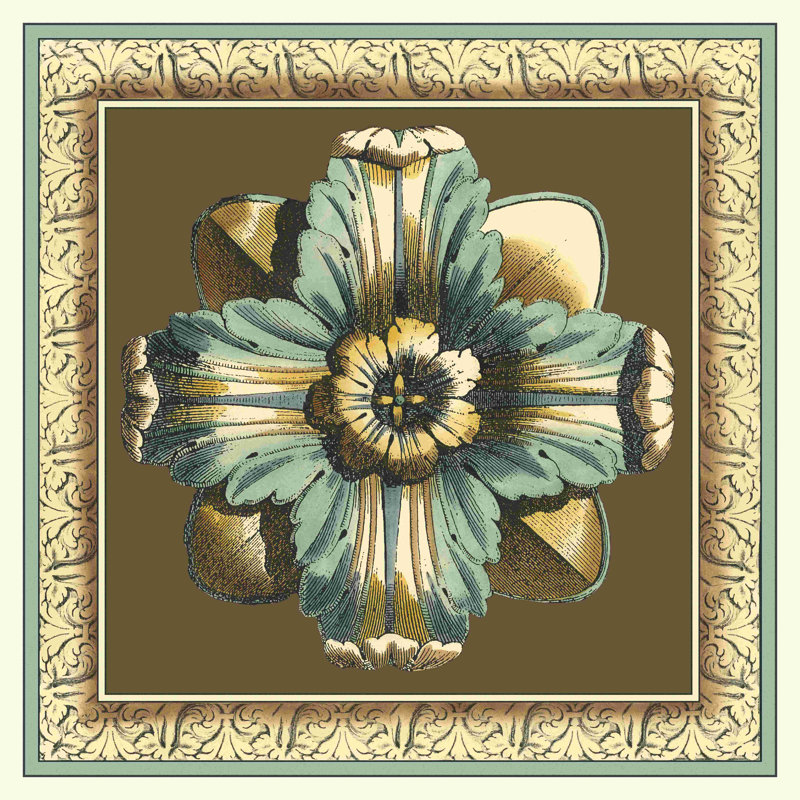 Imprimé chocolat et rosette bleue II, H 12 po x l 12 po