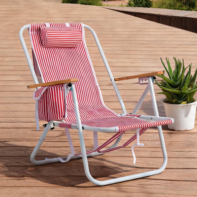 Aluminum Beach Lounge Chair for Poolside and Patio Use, 4-Position Reclining Foldable Design with Wooden Armrests and Storage Pockets