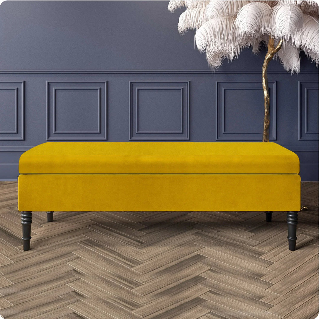 Safar Plain Upholstered Plush Velvet Ottoman Storage Bench with Black Turned Wooden Legs