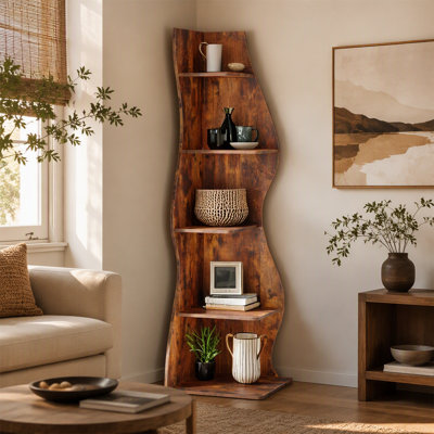 Modern Five Tier Corner Shelf Unit for Efficient Storage and Space Saving Organization in Home or Office.