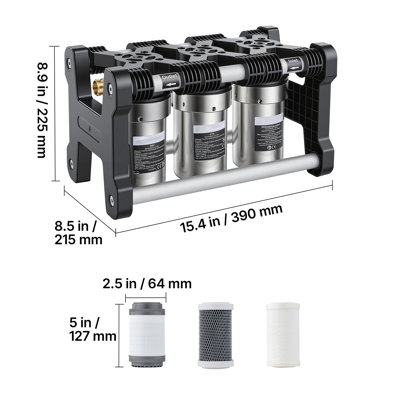 Système de filtration d'eau pour véhicule récréatif, système de filtration d'eau de qualité supérieure 3 étages à 3 microns avec trois cartouches et raccord 3/4 po pour véhicules récréatifs et camping-car, réduit les sédiments, le chlore, les métaux lourds, les odeurs et plus encore