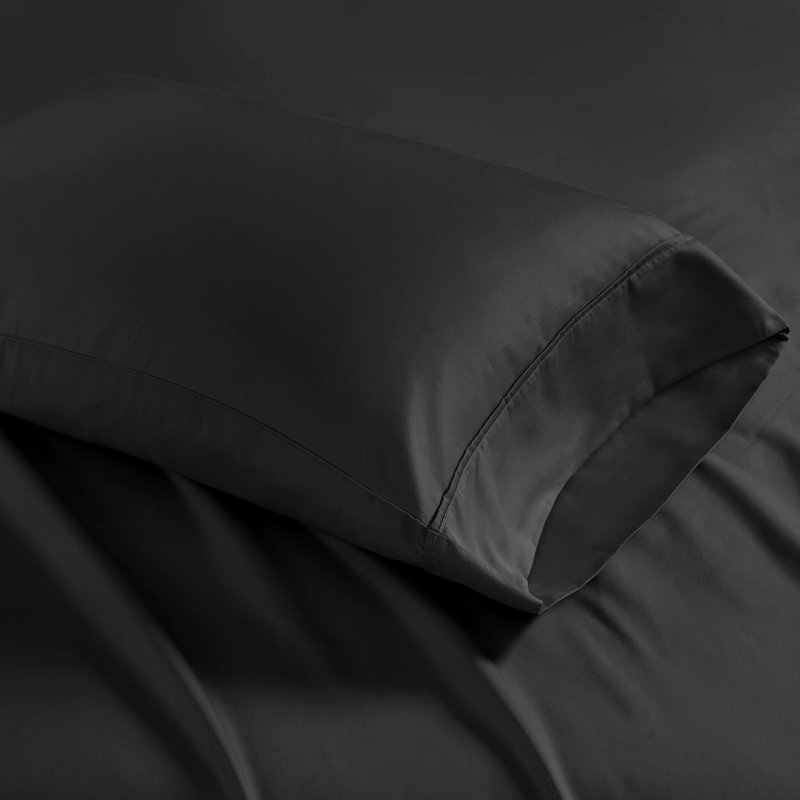 Draps de 1500 fils à densité de tissage très grand - mélange de coton froissé, doux tissé, passe-partout profond, 2 taies d'oreiller, lavable à la machine, drap noir 4 pièces pour le mélange de lit, froissé, drap-housse,