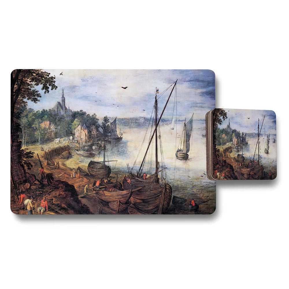 Harbor Scene Placemats And Coasters Set With Vintage Sailboats