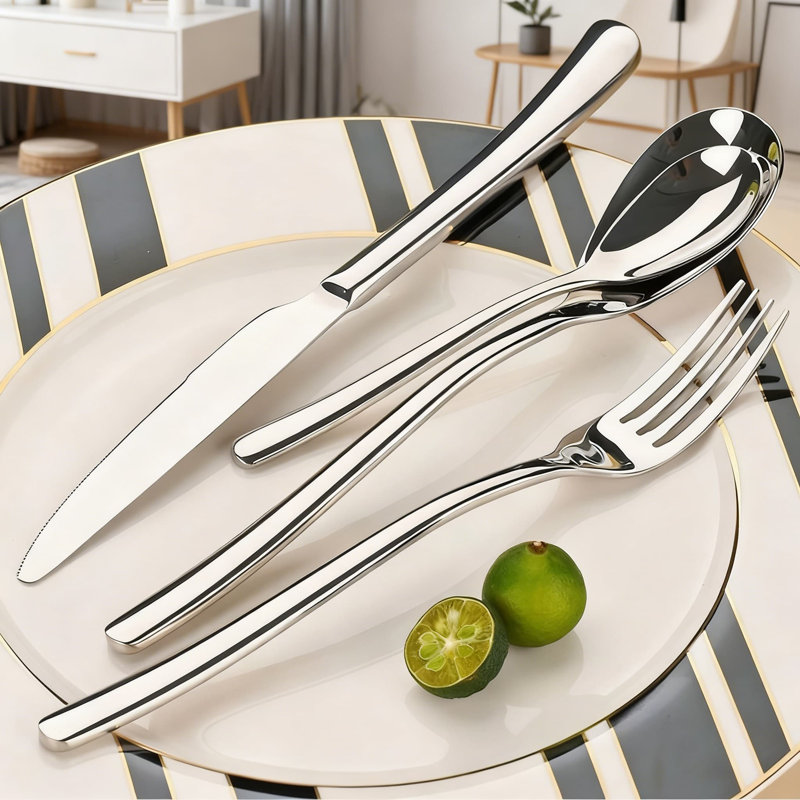 Ensemble de 16 couteaux à steak en acier inoxydable de qualité supérieure avec fourchettes et cuillères polies en miroir pour un dîner raffiné et un usage domestique