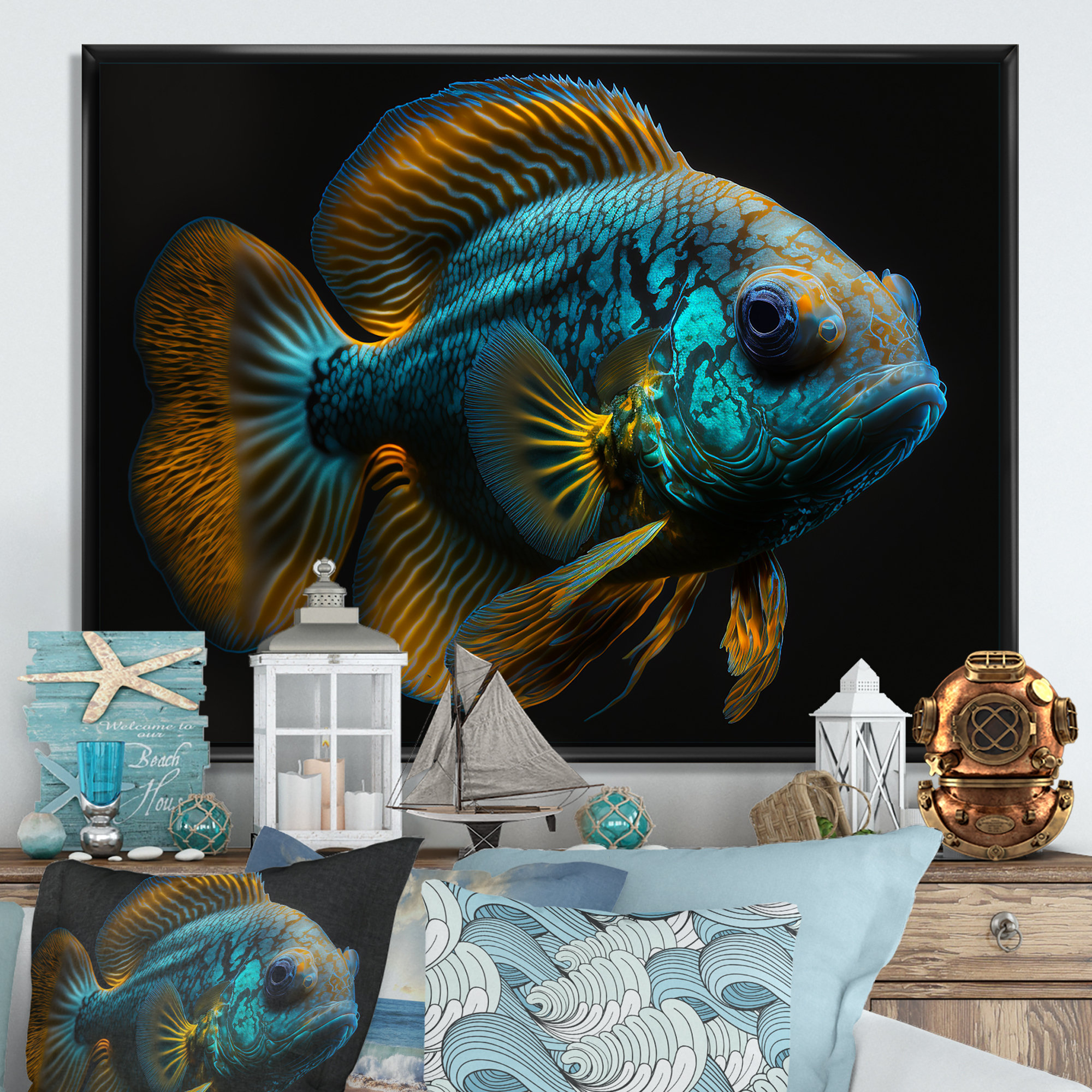Walthill Tropical Blue Fish in Shades of Blue and Orange I - Print On Canvas Dovecove Format: Gold Picture Frame, Size: 24 H x 32 W x 1 D