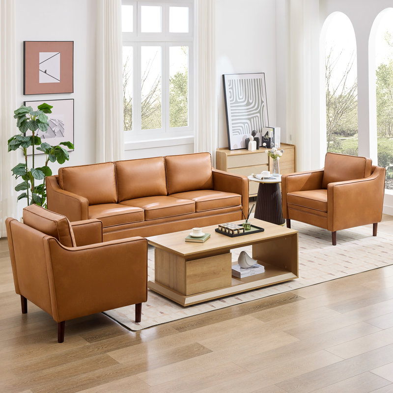 Azriah 3 Piece Faux Leather Living Room Set, Brown