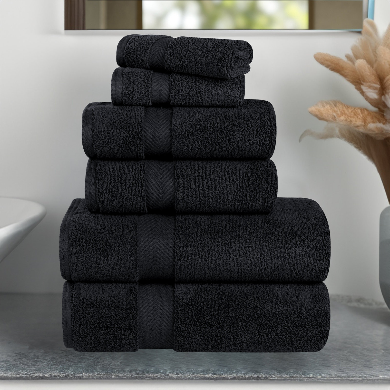 Hamachi 6-Piece Cotton Towel Set, Black, 6 Piece Towel Set