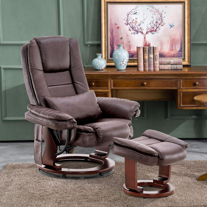 Jamillah  2Set Faux Leather Recliner with Massage Feature and Ottoman, 360 Degree Swivel, Removable Lumbar Pillow
