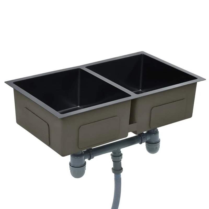 Belfry Kitchen Mariel 440mm W Double Bowl Steel Kitchen Sink, Black