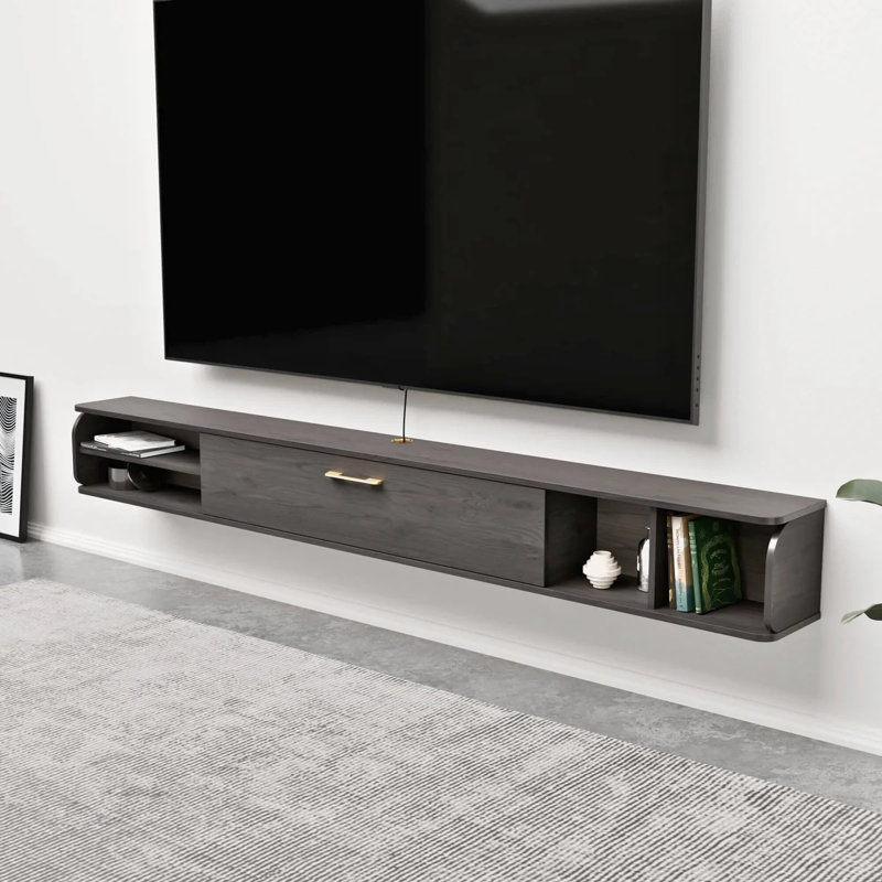 94.48" Wood Floating TV Stand with Gold Accent – Extra Wide Grey Wall Mounted Farmhouse Media Console for Large TVs up to 100"