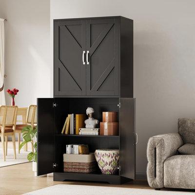 Large Farmhouse Kitchen Pantry Storage Cabinet with 4 Doors and 2 Adjustable Shelves Freestanding Cupboard for Dining Room and Living Room