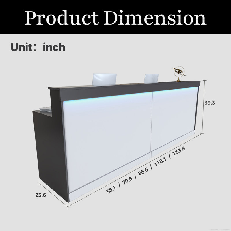 Bureau de réception moderne et ergonomique avec éclairage DEL, Gris, 39.37'' H X 86.61'' W X 23.62'' D