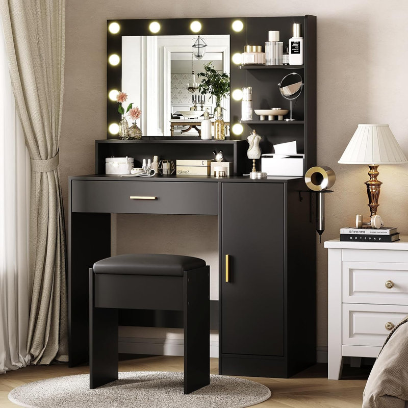 Vanity Desk with Mirror and 10 LED Bulbs, Modern Makeup Table Including Charging Station (USB & Type-c),Large Storage Shelves,Hairdryer Rack & Cushioned Stool,3 Lighting Modes Dressing Set for Bedroom