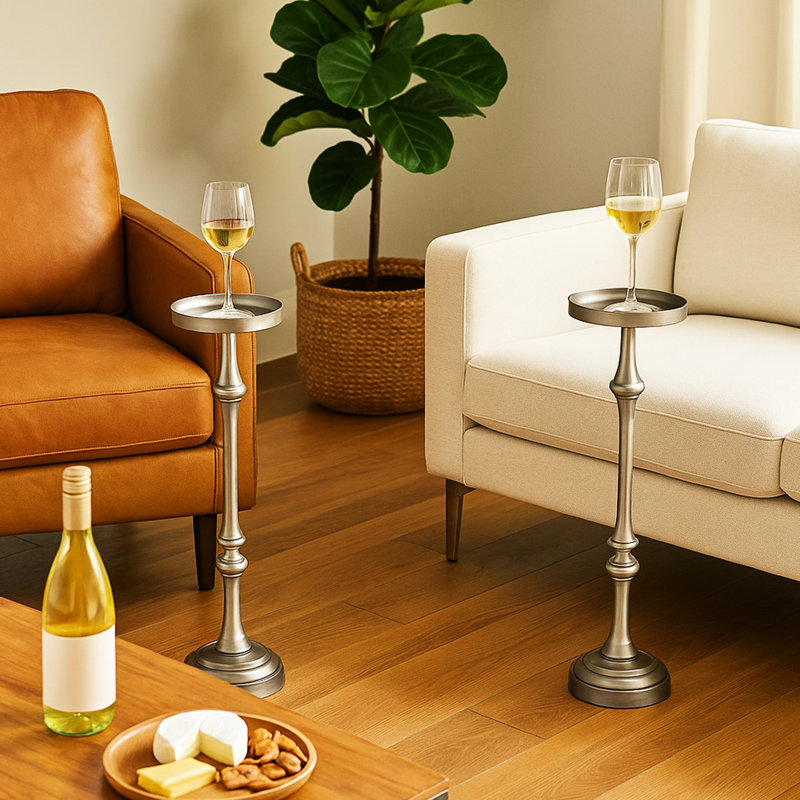 De 2 tables d'appoint rondes en fer de 26 po H, finition argent brossé, 5,74 po Surface supérieure et tables lestées idéales pour les boissons