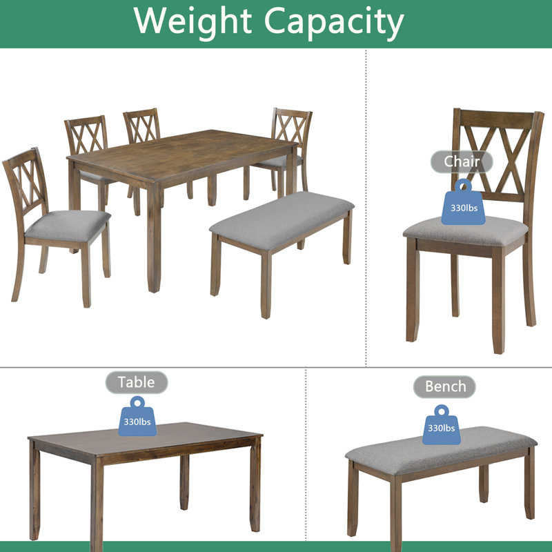 Ensemble de table de salle à manger 6 pièces rectangulaire en bois d'acacia, table de salle à manger élégante avec 4 chaises de coussin et 1 banc rembourré, ensemble de table moderne avec dossier en croix classique pour la salle à manger et la cuis
