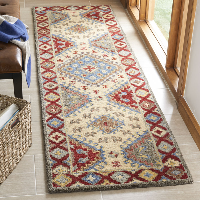 Tapis rouge / ivoire / bleu en laine / coton touffeté à la main Armintha, Tapis de couloir 2 pi 3 po x 8 pi