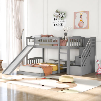 Stairway Twin Over Twin 2- Drawers Bunk Bed With Stairs and Slide