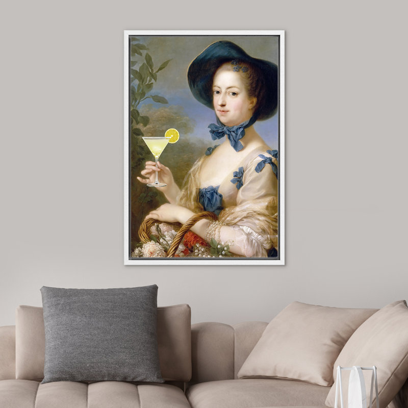 Art mural éclectique «Classic Lady With Lemon Martini», art classique altéré, Cadre flottant blanc, H 36 po x l 24 po