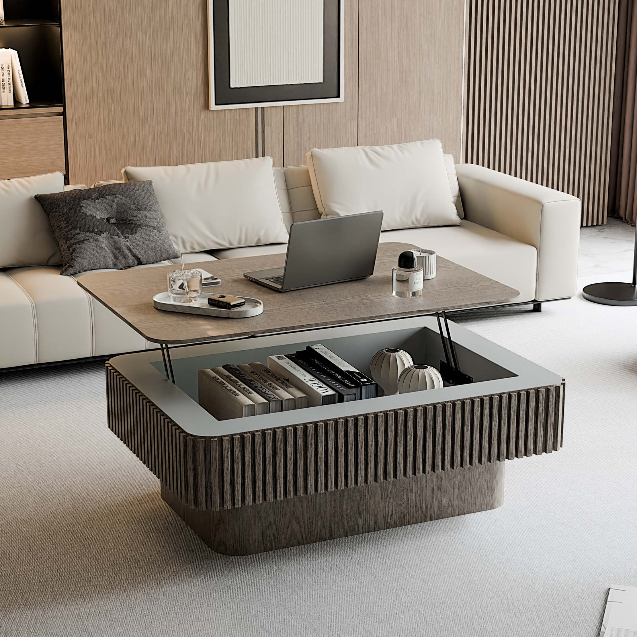 Latitude Run® 38.6'' Fluted Lift-Top Coffee Table Solid Wood Veneered ...