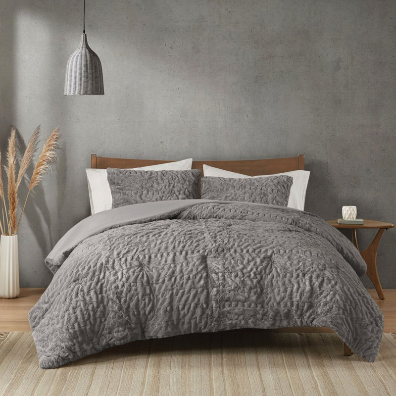 Édredon luxueux en fourrure grise pour une nuit de sommeil relaxante, grand avec 2 taies décoratives, lit double / grand