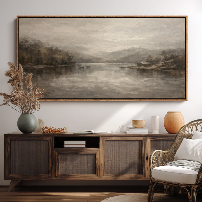 «Extra Large Misty Lake Forest Landscape», reproduction d'art sur toile encadrée, H 30 po x l 60 po, Naturel