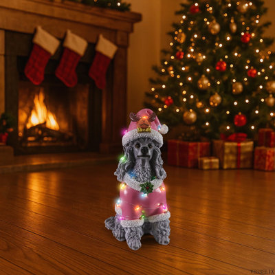 Statue de Noël caniche, Figurine de chien de Noël en tenue de père Noël rose