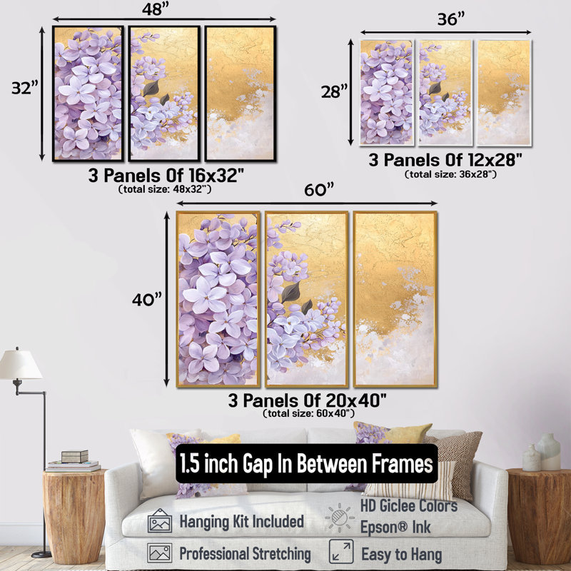 Ensemble de décoration murale lilas printemps harmonie dorée III - lilas, H 32 po x l 48 po, Reproduction avec cadre flottant