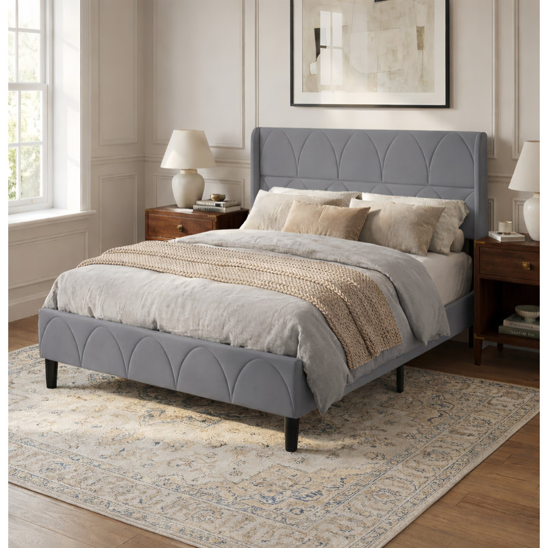 Velvet Upholstered Bed with Wingback Headboard, White, Queen