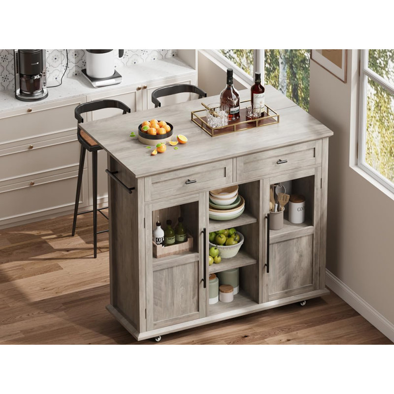 Îlot de cuisine, chariot roulant pour îlot de cuisine sur roulettes avec plateau rabattable, Gris