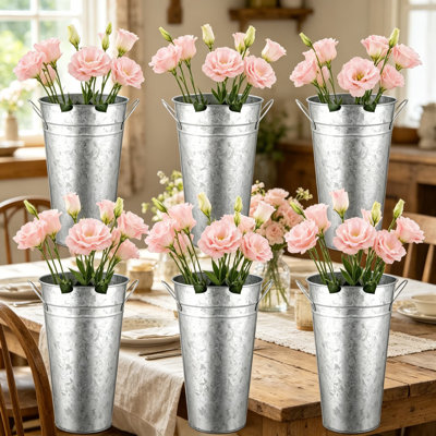 Set Of 6 Vintage Galvanized Flower Buckets, 12 Inch Rustic Metal Planter Vases With Handles For Farmhouse Wedding Centerpieces, Home Décor, French Country Style