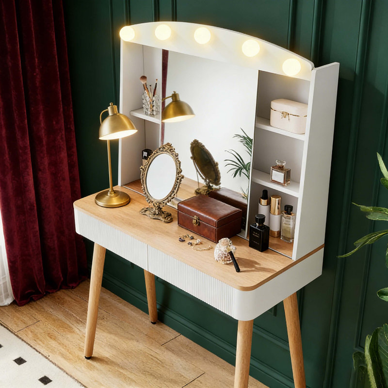 Small Vanity Desk With Mirror And Lights, Big-Capacity Storage And Sliding Mirror, Vanity Set With Two Fluted Drawers, 3 Lighting Colors Makeup Dressing Table(White)