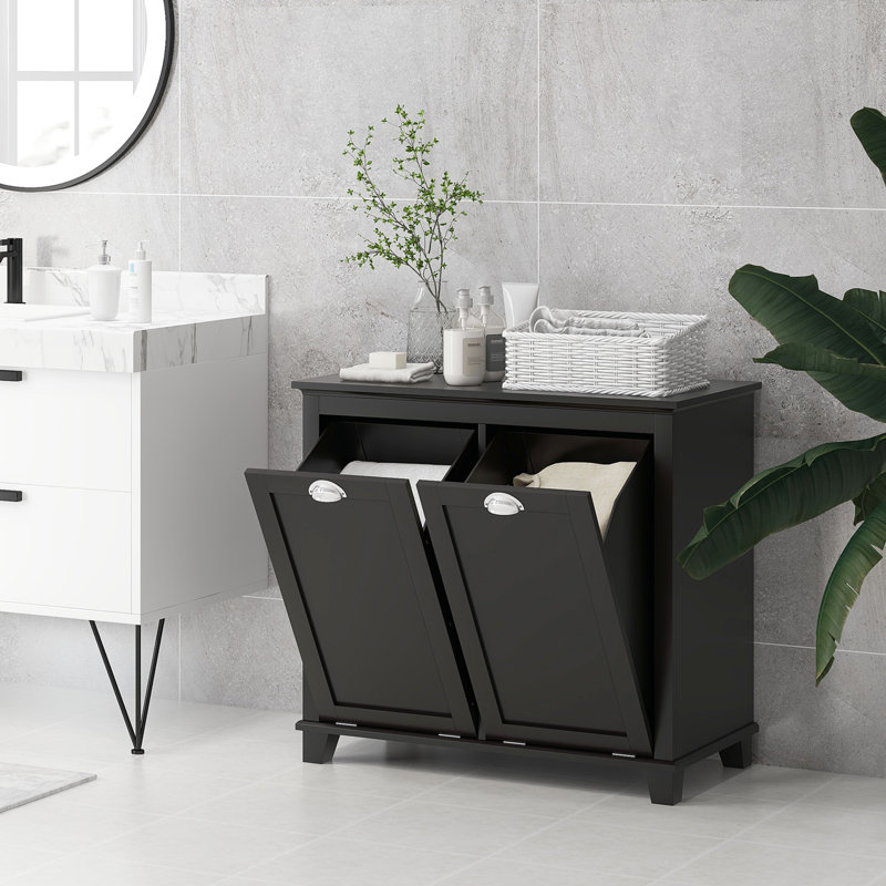Armoire à linge double inclinable pour salle de bain. 2 pour le rangement des toilettes, armoire de plancher noire. Espace de rangement généreux pour les serviettes. Séparé et foncé. Fabriqué à l'eau. Fonction de surmatelas. Fixation murale. L 30 po x