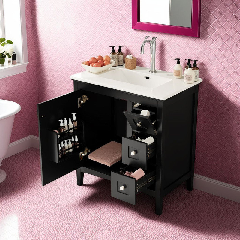 Meuble-lavabo en bois massif de 30 po avec lavabo en céramique - Tiroirs à fermeture en douceur, assemblage facile, conception durable