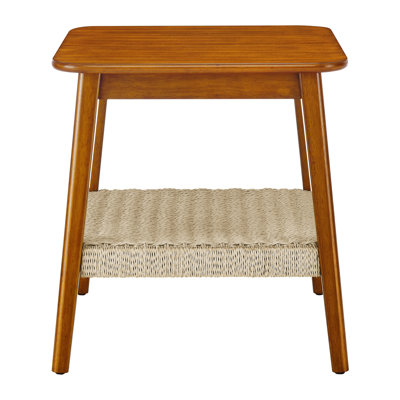Mid-Century Boho Side Table with Woven Shelf Bedside Tables with Storage for Living Room or Office