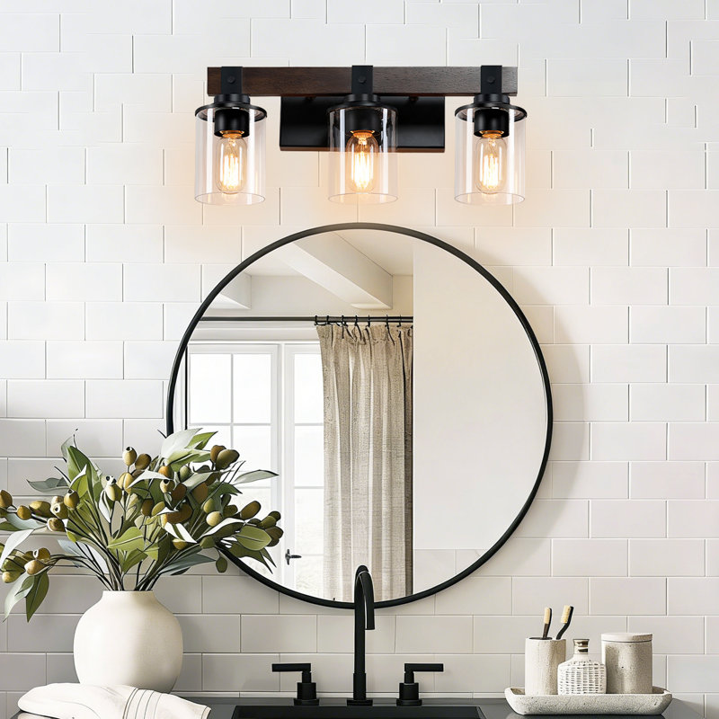 3 - Light Wooden Dimmable bathroom Vanity Light Over Mirror With Clear Glass Shades, Farmhouse Wall Light Fixture For Bathroom, Bedroom, Hallway