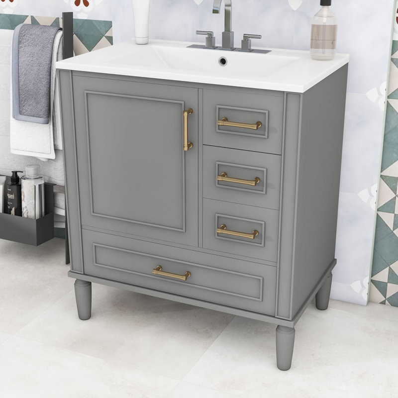 Meuble-lavabo de salle de bain avec lavabo en céramique, tiroirs à fermeture en douceur et porte, Gris