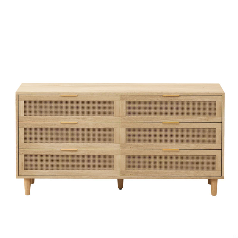 Armoire de rangement 59,6 po à 6 tiroirs en rotin avec glissières de tiroir, Noir