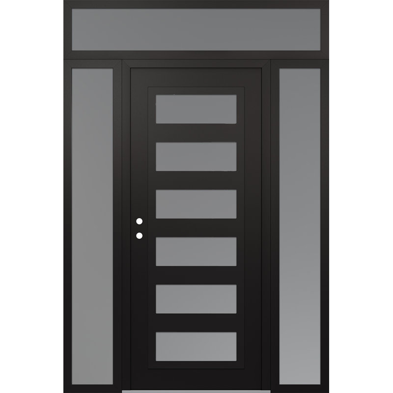 C9 60 po à droite X 96 po Panneau en acier noir et verre givré noir et blanc avec 2 panneaux latéraux et porte d'entrée avant en verre givré avec traverse