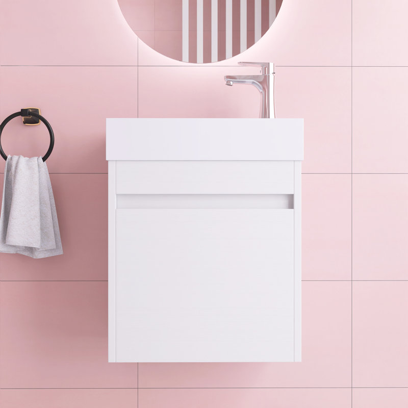Meuble-lavabo flottant 18 po, meuble à grain droit blanc avec cuve en résine intégrée, Grain droit blanc