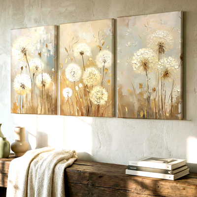 3 Pieces Large Wall Art of a Serene Dandelion Field in Soft Neutrals, Three Pieces Wall Art for Living Room, Bedroom, and Office Decor, Ready to Hang