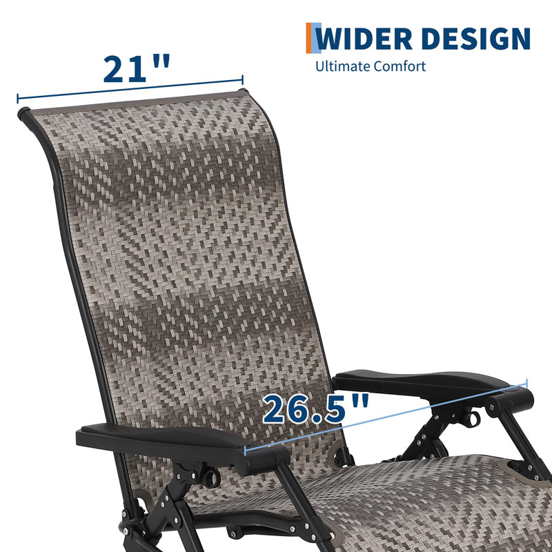 2 pcs 33 inch Gray Patio Rattan Folding Reclining Chair, Adjustable Portable Lounge Chair with Wide Armrests, Heavy Duty Wicker for Poolside, Balcony, Backyard & Garden