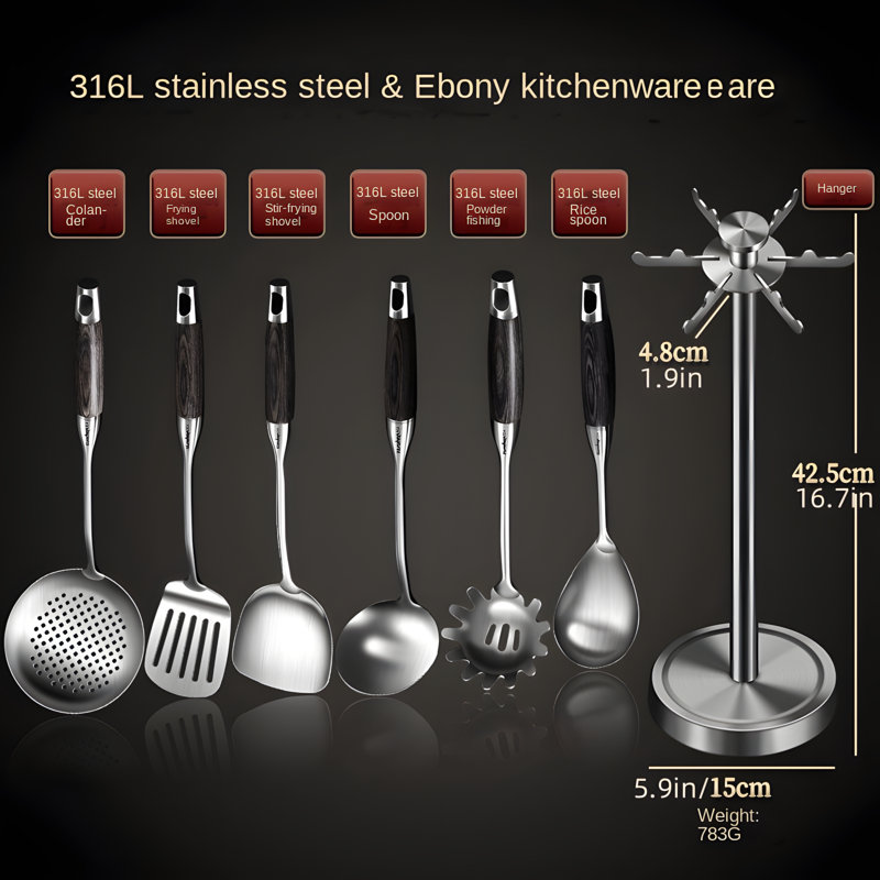 Stainless Steel Kitchen Utensil Set With Hanging Rack, Includes Spatula, Ladle, Slotted Spoon For Cooking And Serving