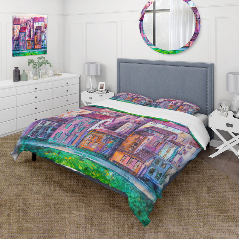 Street With Colorful Old Homes - Ensemble de housse de couette moderne - Microfibre de polyester