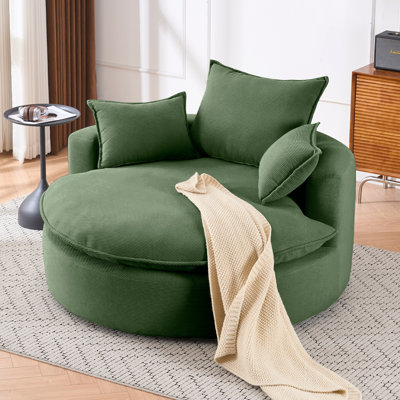 58" Green Swivel Barrel Accent Chair, 360° Rotation, Dual Cushion & 3 Pillows