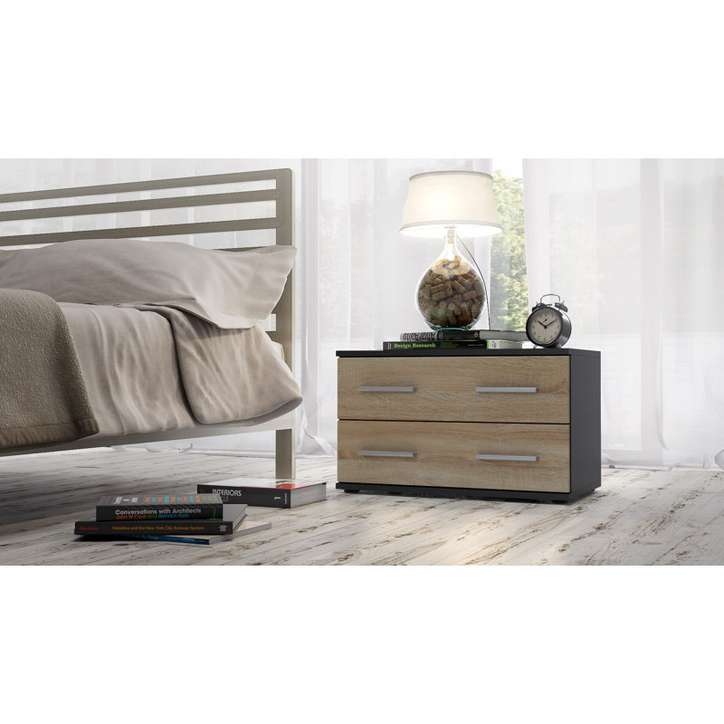 Janney 59.99cm W Wood Bedside Table, Matt black/Oak