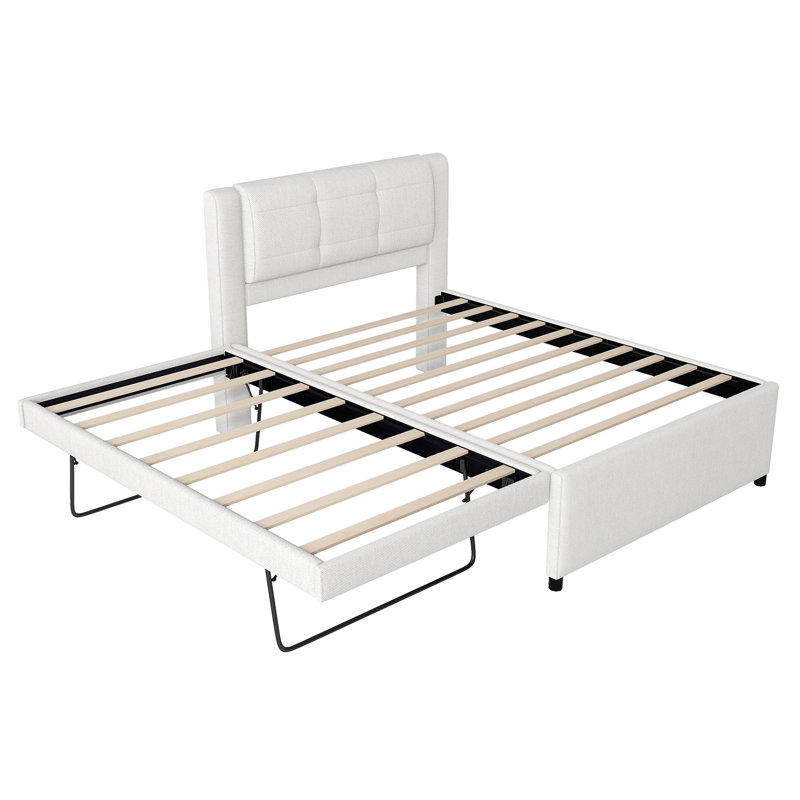 Lit plateforme tapissier avec lit gigogne, Beige