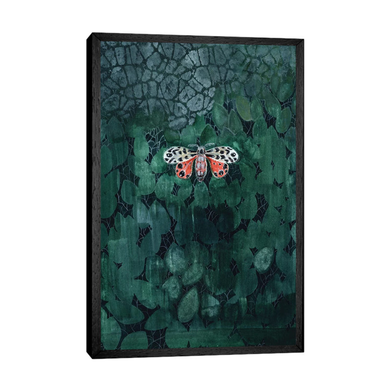 Moth On Leaves by Miri Eshet - Painting on Canvas, 66.04 cm H x 45.72 cm W, Black Framed