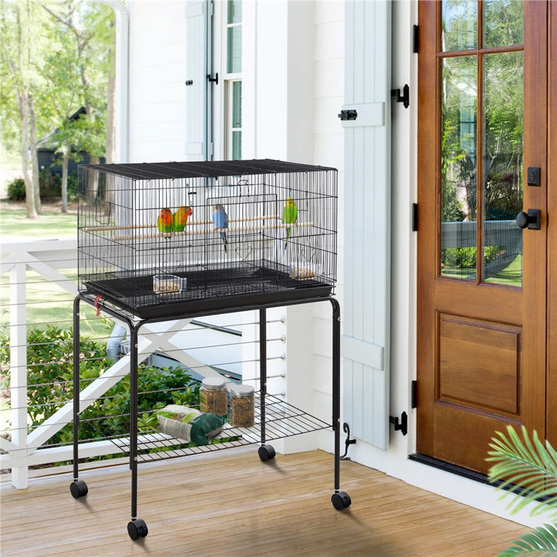 Iron Flat Top Bird Cage with Wheels, Black