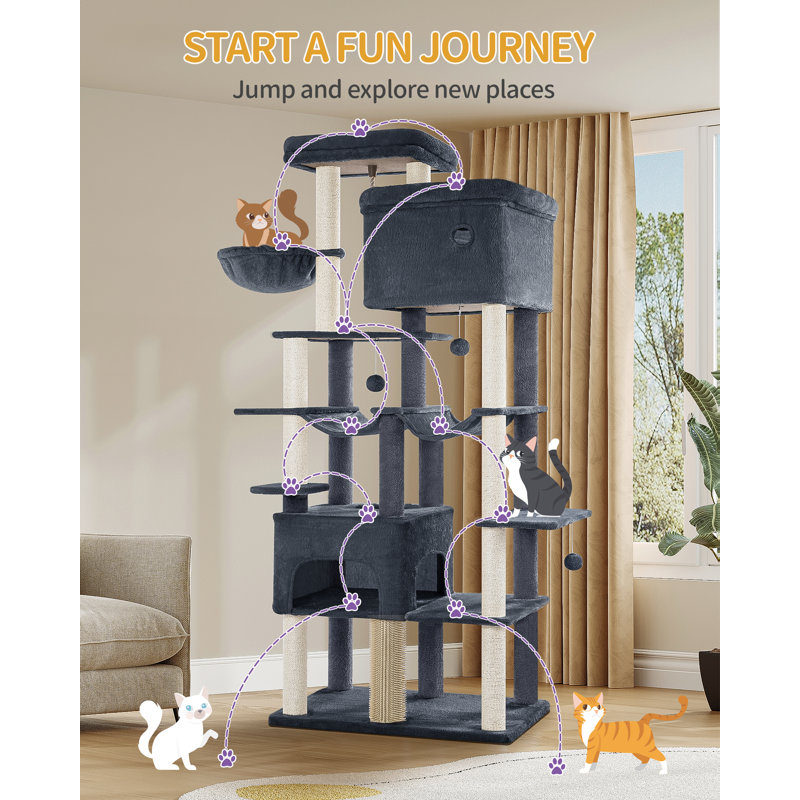 200cm Large Cat Tree, XXL Heavy tall Cat Tower for Maine Coon, Multi-level Cats Climbing Tower with 2 Condos and 10 Sisal, 2 Hammocks, Dark Grey 